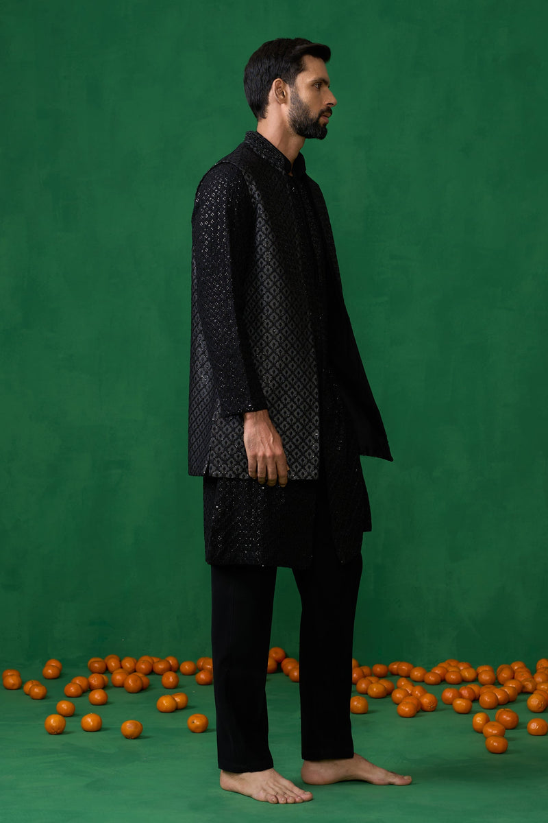 EMBROIDERED BLACK KURTA JACKET SET