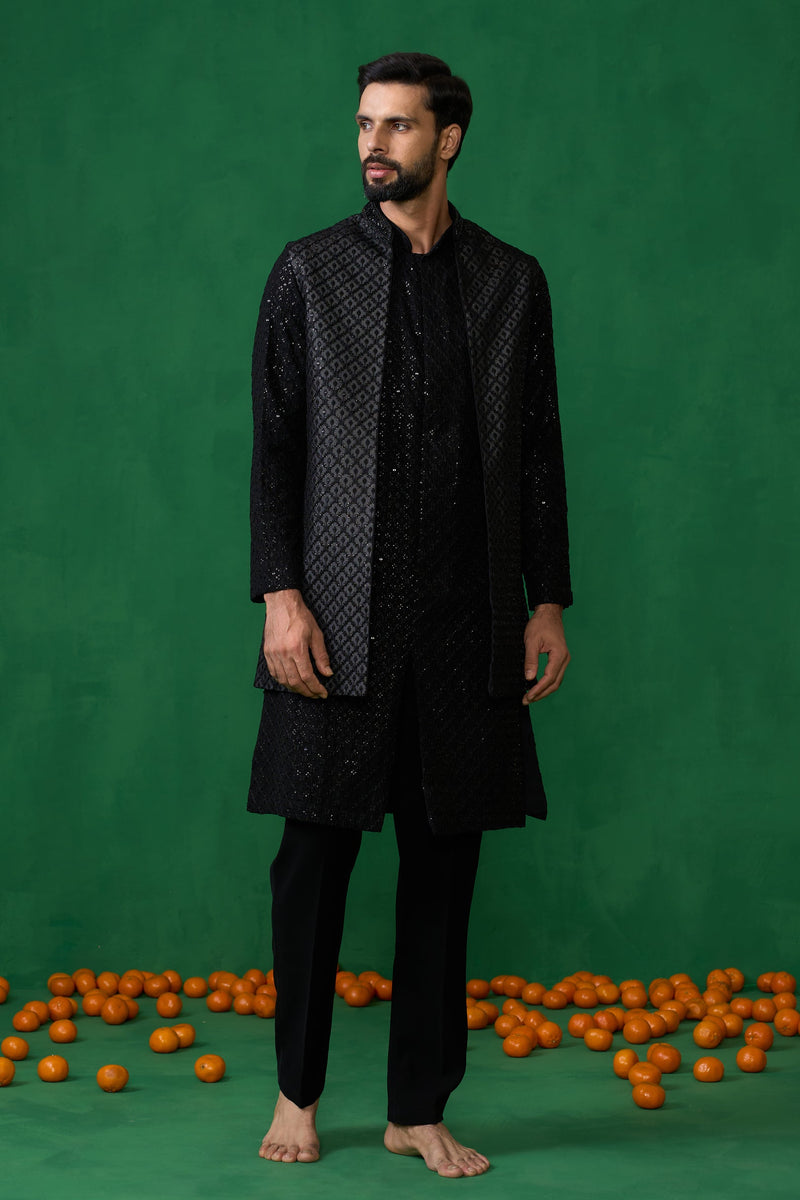 EMBROIDERED BLACK KURTA JACKET SET