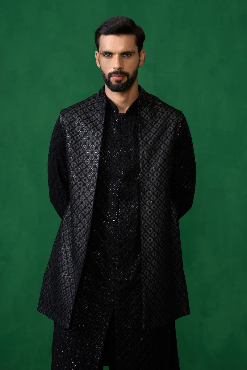 EMBROIDERED BLACK KURTA JACKET SET