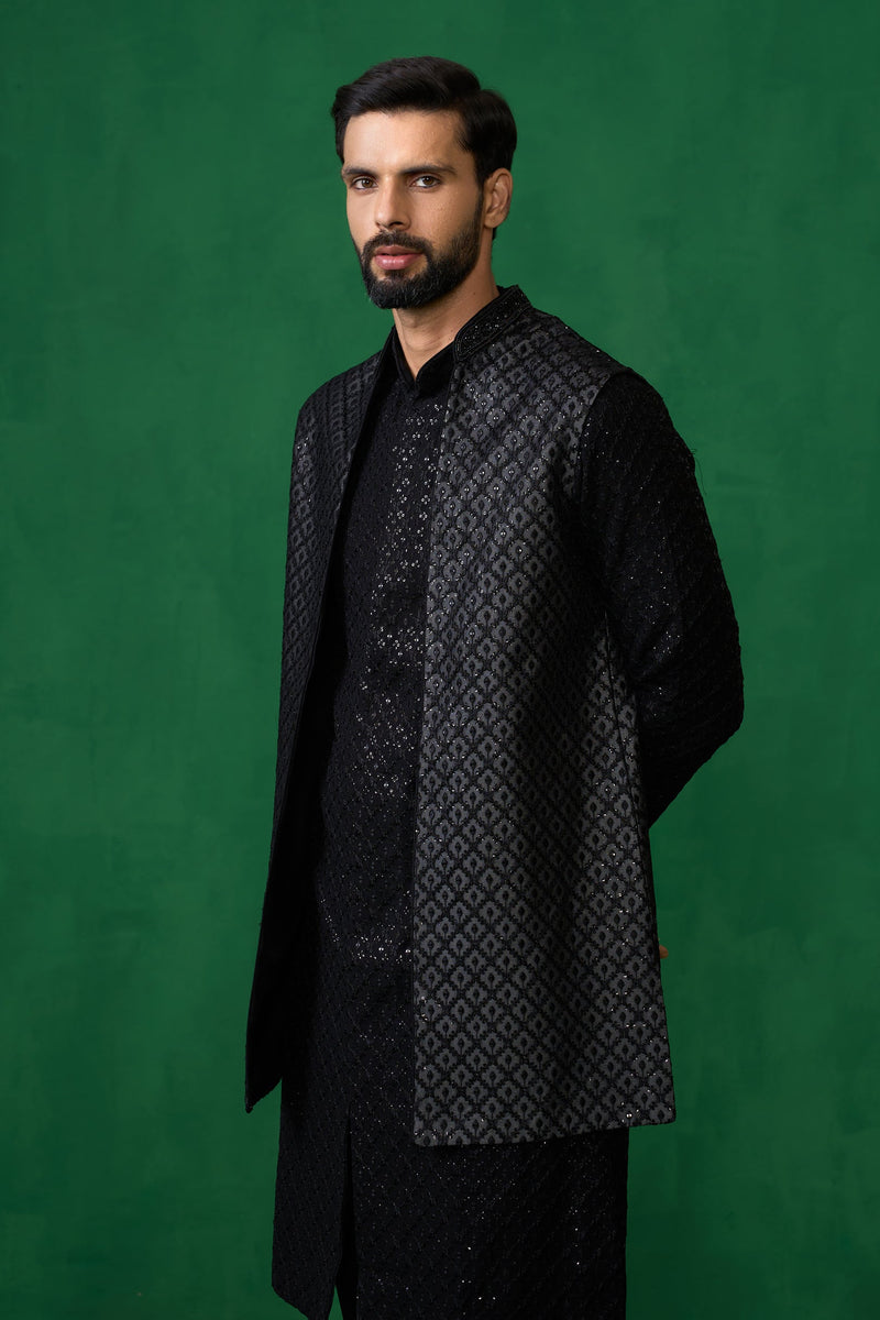 EMBROIDERED BLACK KURTA JACKET SET