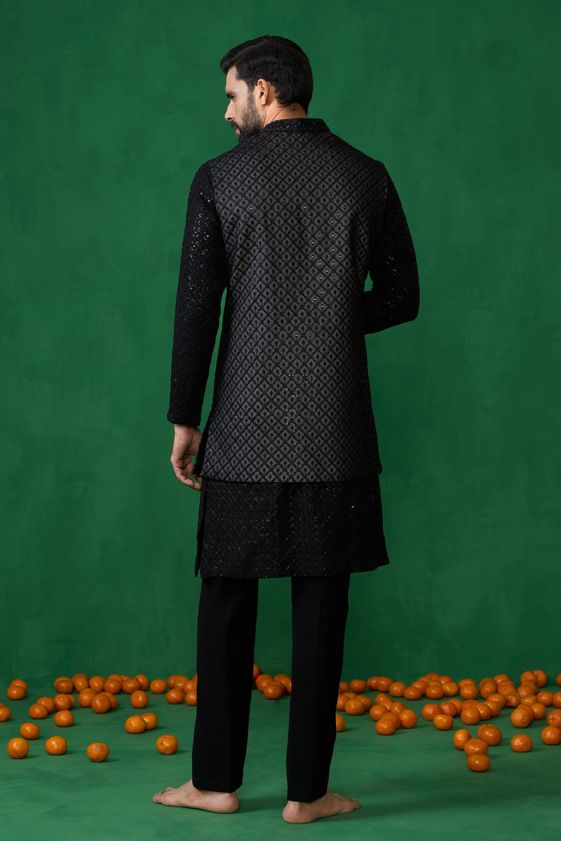 EMBROIDERED BLACK KURTA JACKET SET