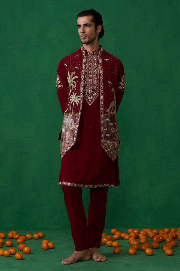 FOREST MAROON KURTA JACKET SET
