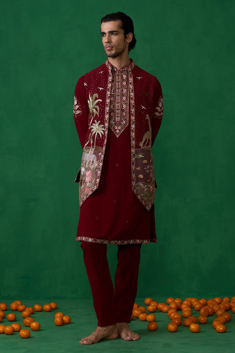 FOREST MAROON KURTA JACKET SET