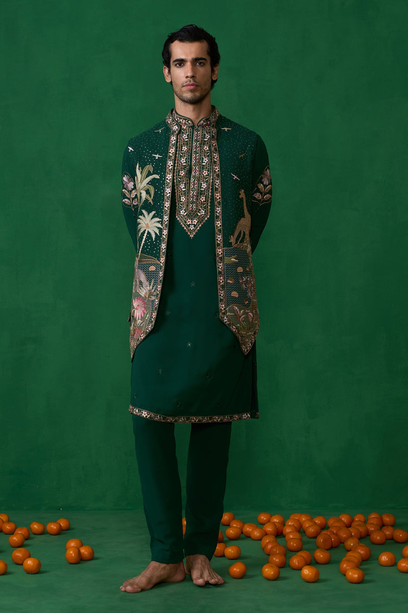 FOREST BOTTEL GREEN KURTA JACKET SET