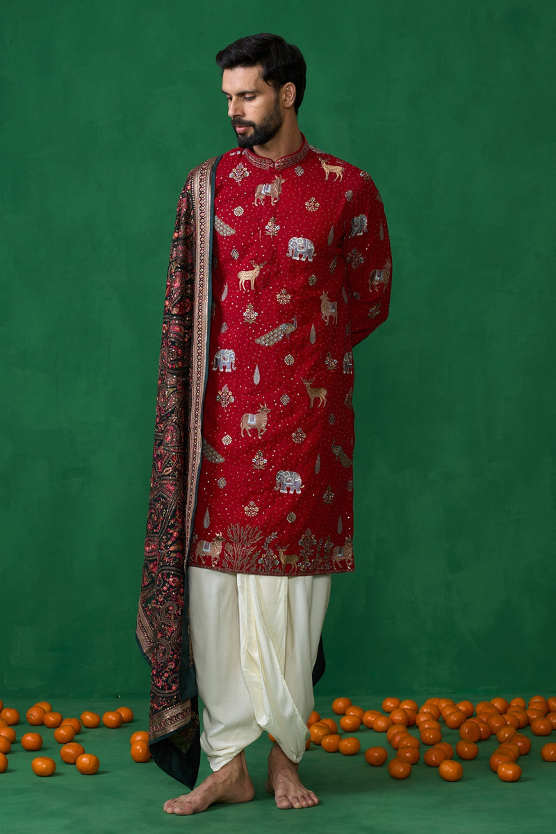 Devansh Kamboj in Tanmay Bhat in PICHWAI RED DHOTI KURTA SET