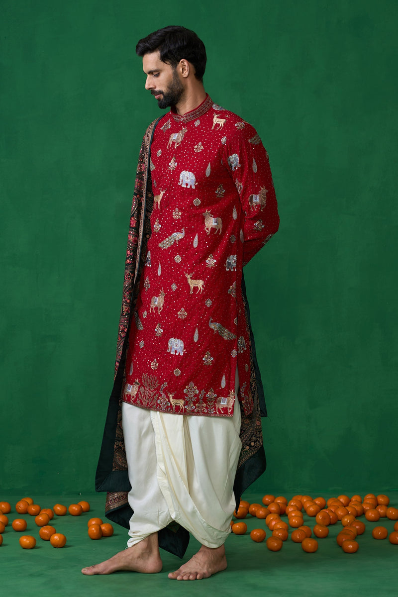 Devansh Kamboj in Tanmay Bhat in PICHWAI RED DHOTI KURTA SET