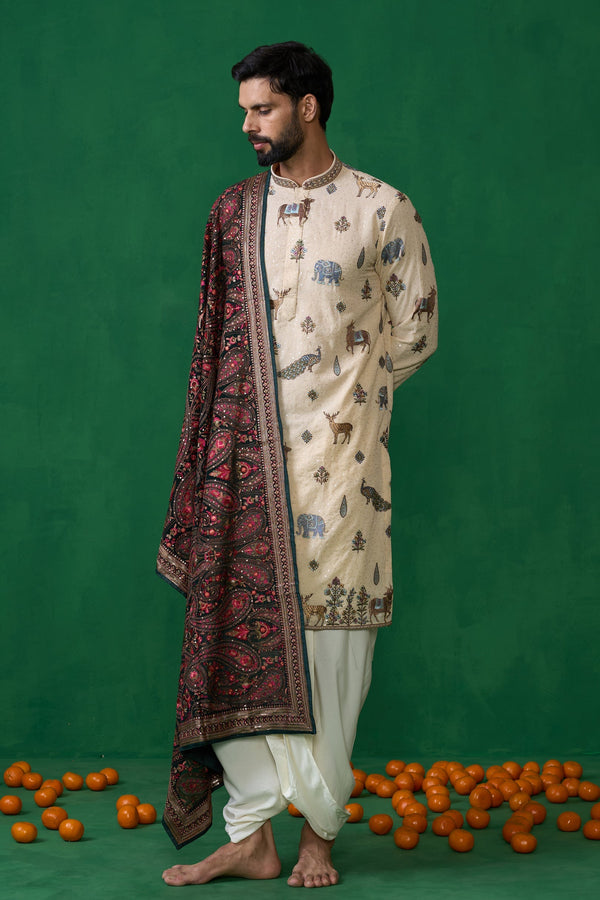 PICHWAI BEIGE DHOTI KURTA SET