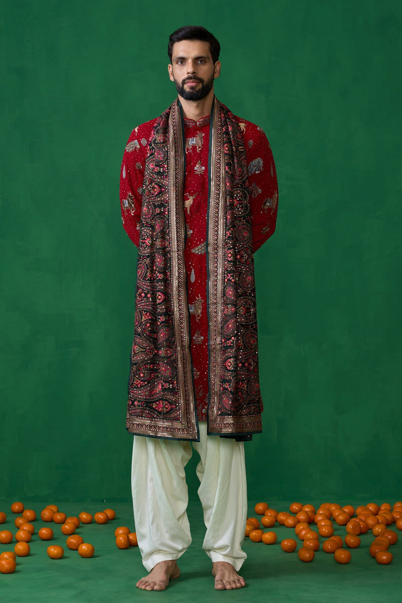 Devansh Kamboj in Tanmay Bhat in PICHWAI RED DHOTI KURTA SET