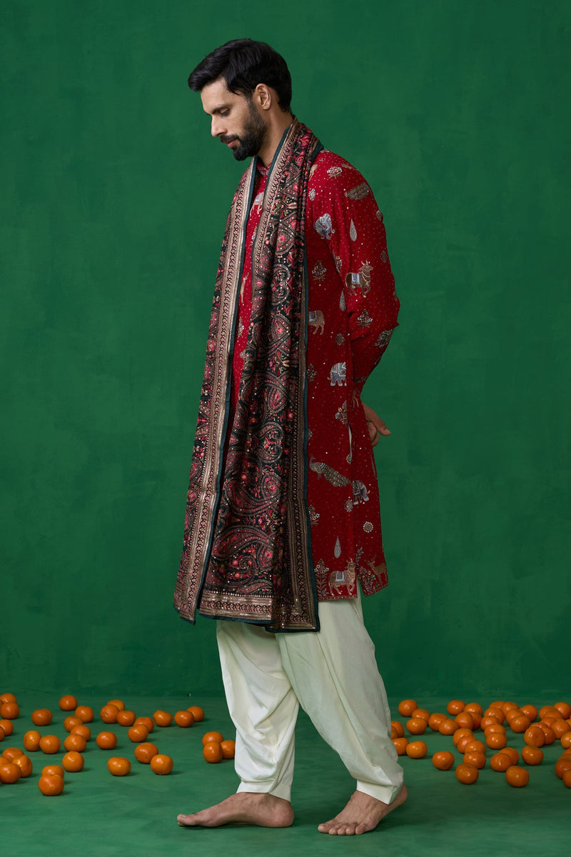 Devansh Kamboj in Tanmay Bhat in PICHWAI RED DHOTI KURTA SET