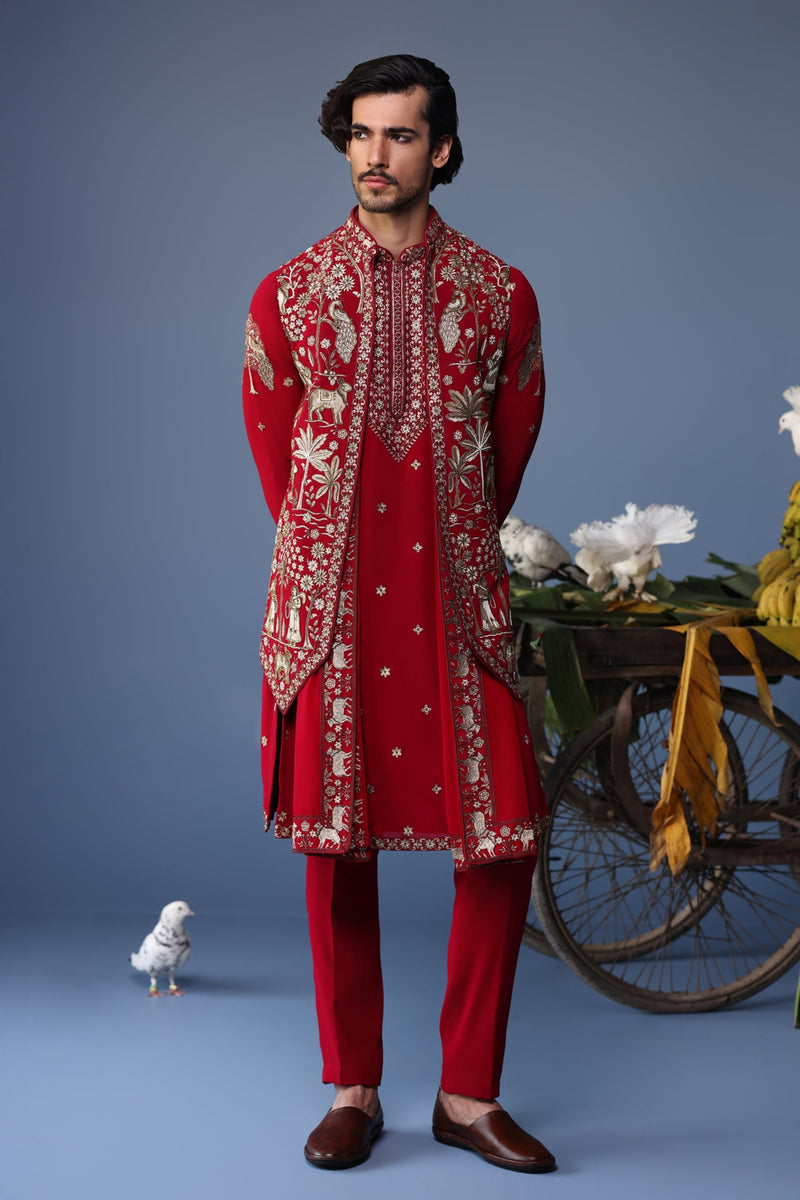 Sohail Mughal in Aariz Pichwai maroon Kurta Jacket Set