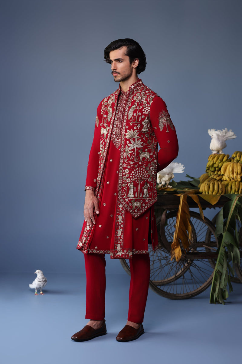 Sohail Mughal in Aariz Pichwai maroon Kurta Jacket Set