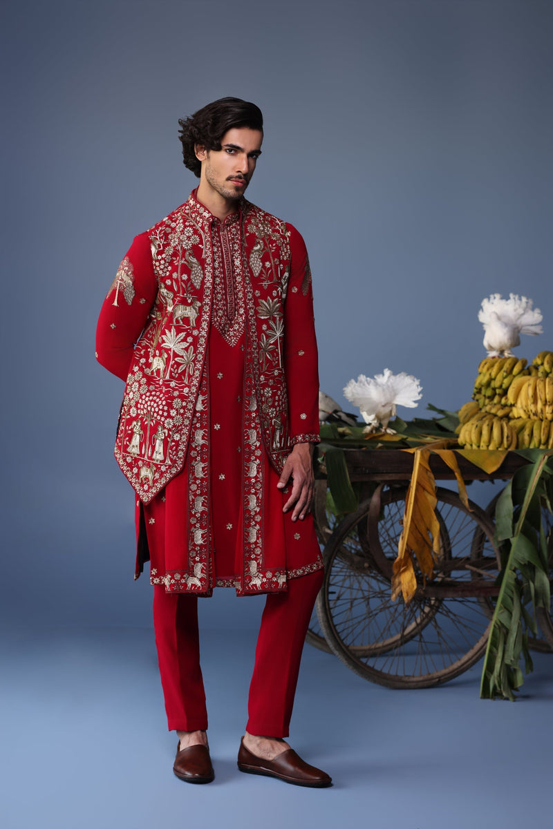 Sohail Mughal in Aariz Pichwai maroon Kurta Jacket Set