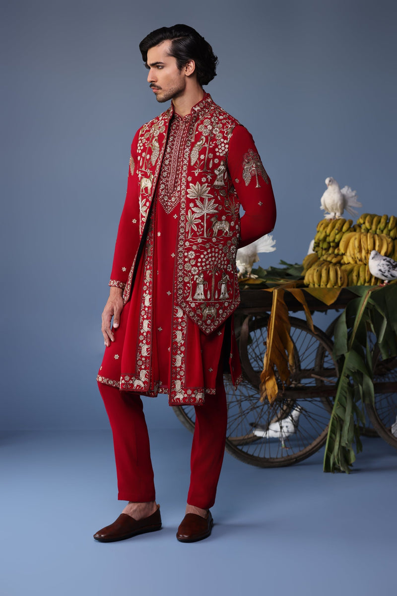 Sohail Mughal in Aariz Pichwai maroon Kurta Jacket Set