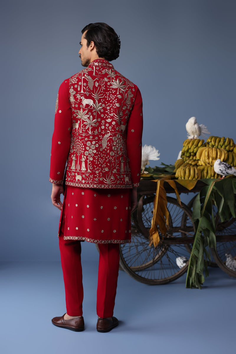 Sohail Mughal in Aariz Pichwai maroon Kurta Jacket Set