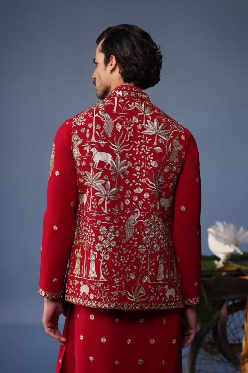 Sohail Mughal in Aariz Pichwai maroon Kurta Jacket Set