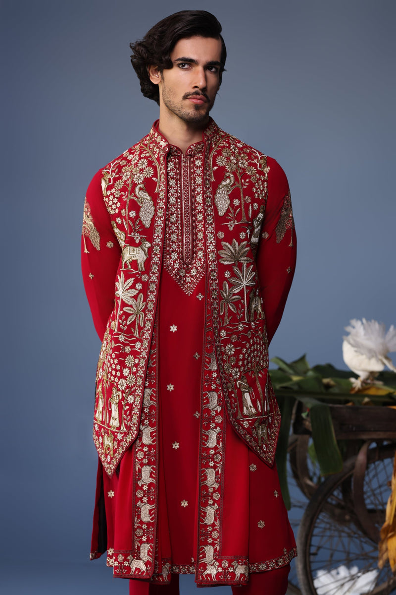 Sohail Mughal in Aariz Pichwai maroon Kurta Jacket Set