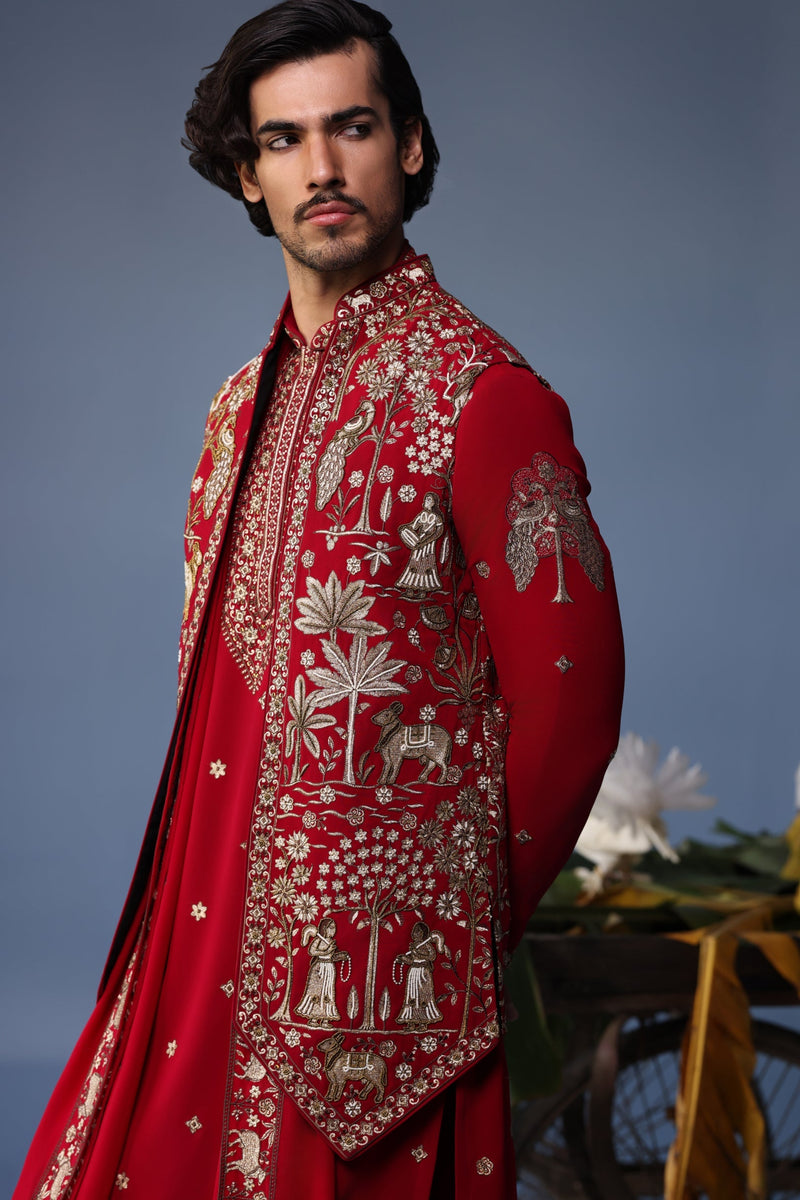 Sohail Mughal in Aariz Pichwai maroon Kurta Jacket Set