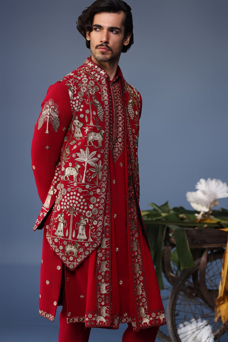 Sohail Mughal in Aariz Pichwai maroon Kurta Jacket Set