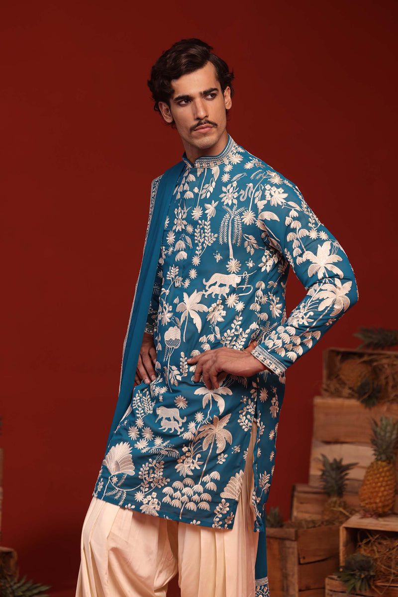 Aayushman Aman Maheshwari in Samar Teal Blue Kurta Set