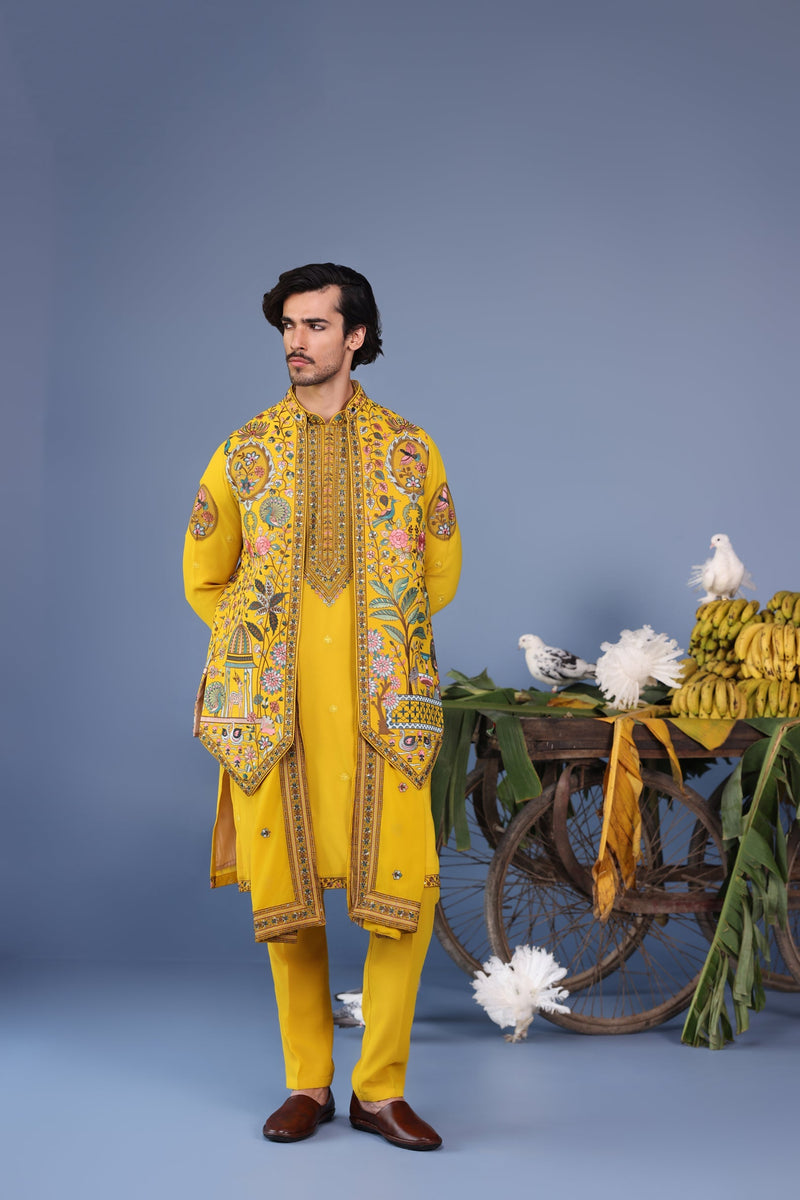 Gurmeet Choudhary in Gulistan Haldi Kurta Jacket Set