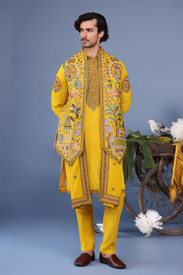 Gurmeet Choudhary in Gulistan Haldi Kurta Jacket Set