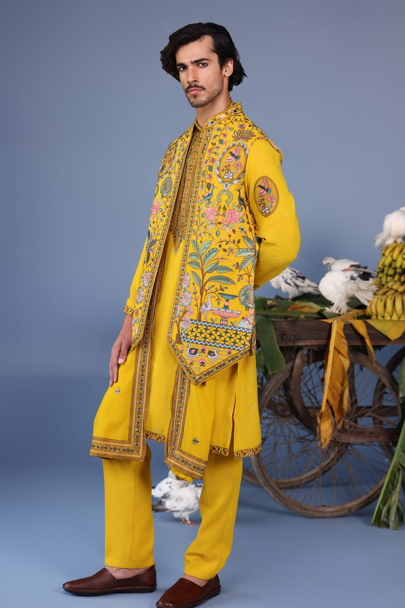 Gurmeet Choudhary in Gulistan Haldi Kurta Jacket Set