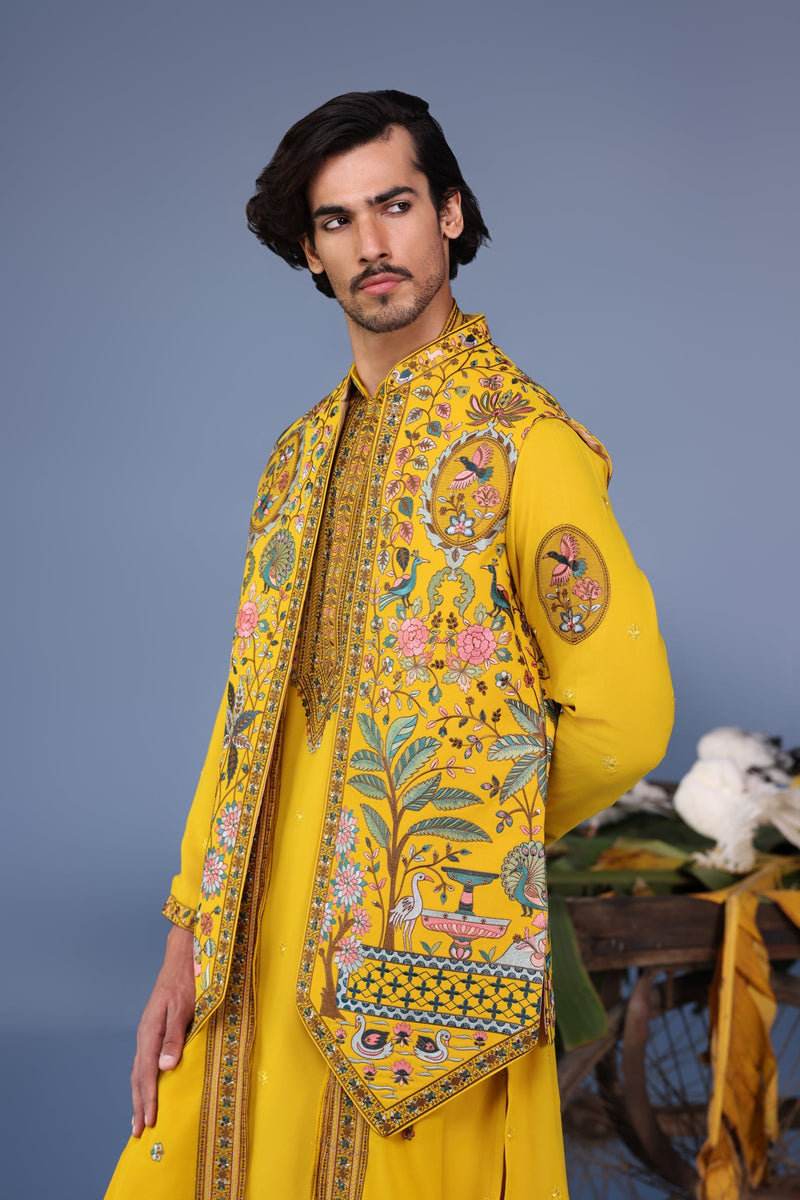 Gurmeet Choudhary in Gulistan Haldi Kurta Jacket Set
