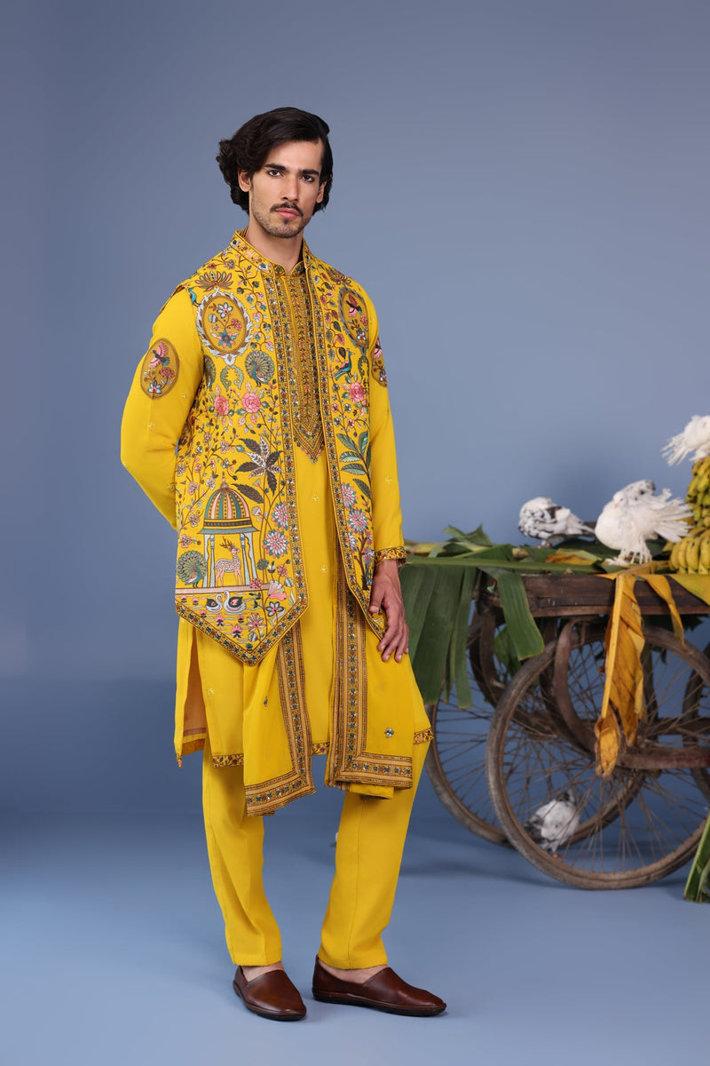 Gurmeet Choudhary in Gulistan Haldi Kurta Jacket Set