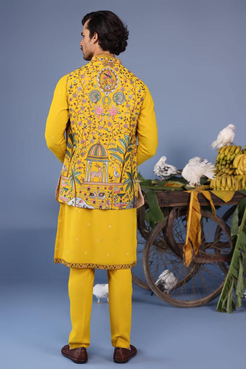 Gurmeet Choudhary in Gulistan Haldi Kurta Jacket Set