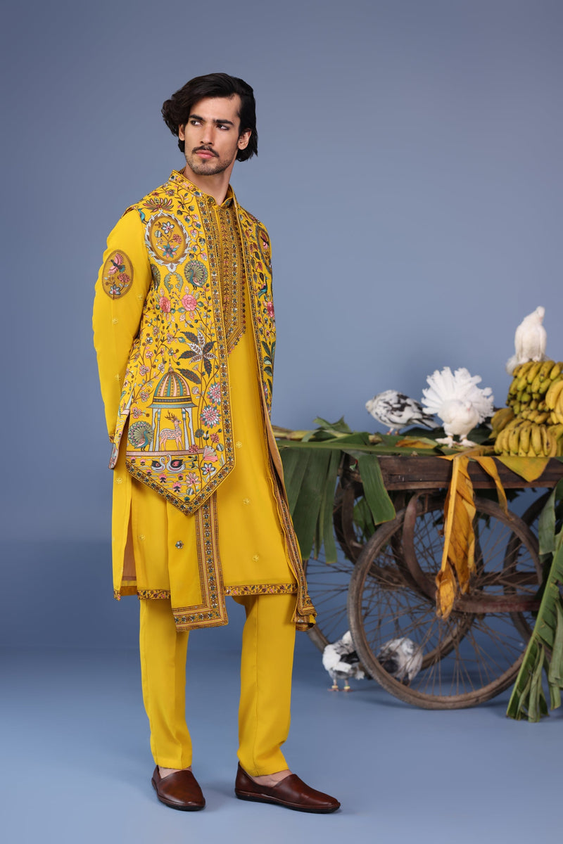 Gurmeet Choudhary in Gulistan Haldi Kurta Jacket Set