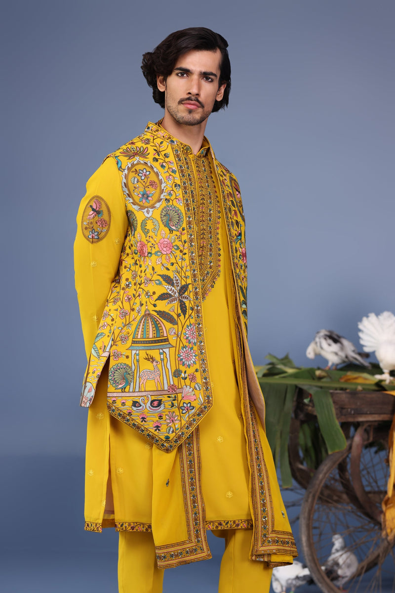 Gurmeet Choudhary in Gulistan Haldi Kurta Jacket Set