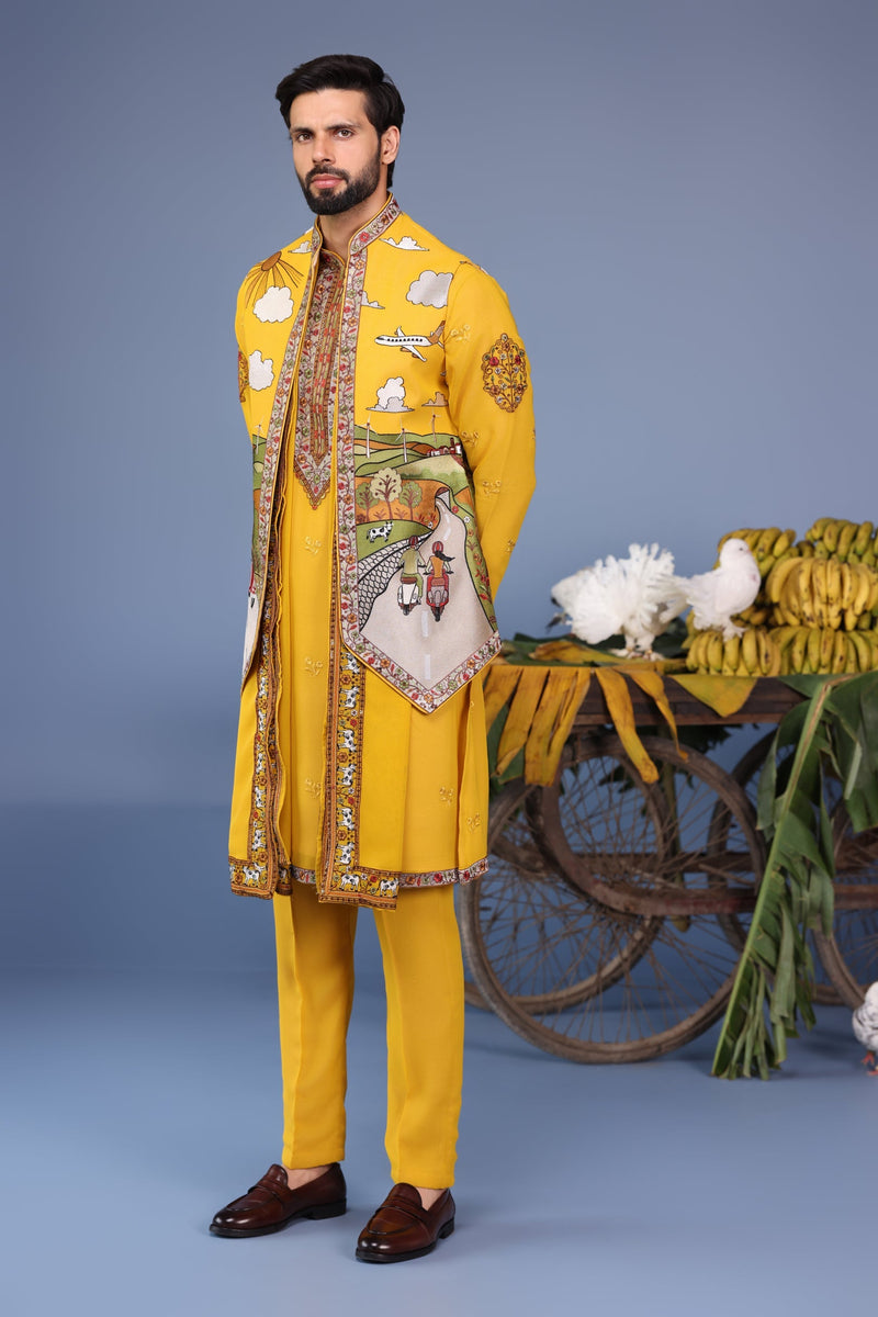Adarsh Suyal in Musafir Haldi Kurta Jacket Set