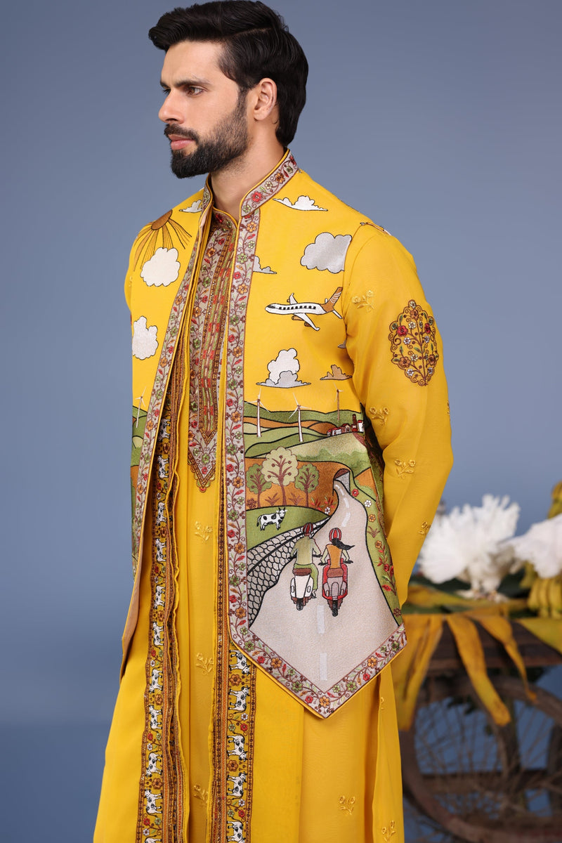 Adarsh Suyal in Musafir Haldi Kurta Jacket Set