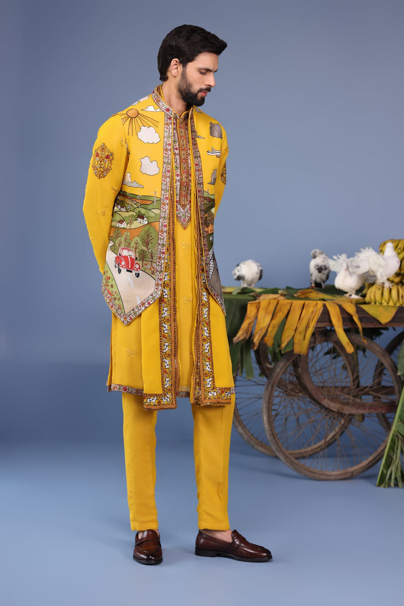 Adarsh Suyal in Musafir Haldi Kurta Jacket Set