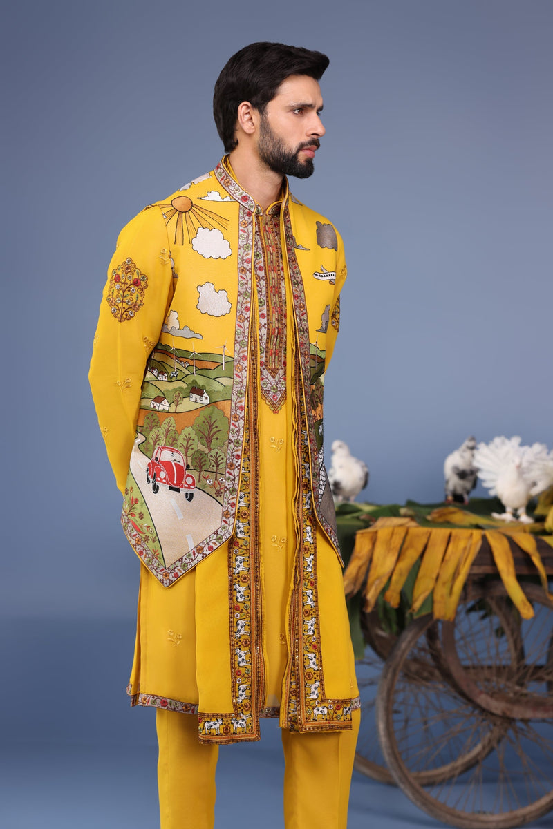 Adarsh Suyal in Musafir Haldi Kurta Jacket Set