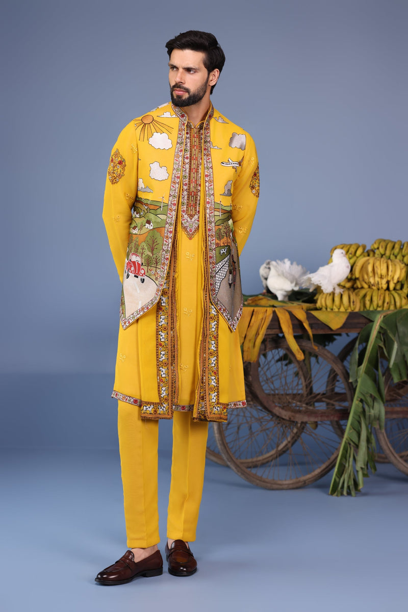 Adarsh Suyal in Musafir Haldi Kurta Jacket Set