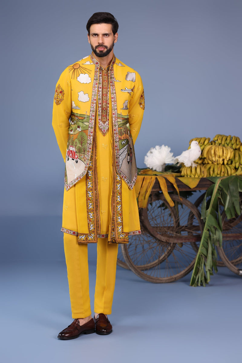 Adarsh Suyal in Musafir Haldi Kurta Jacket Set