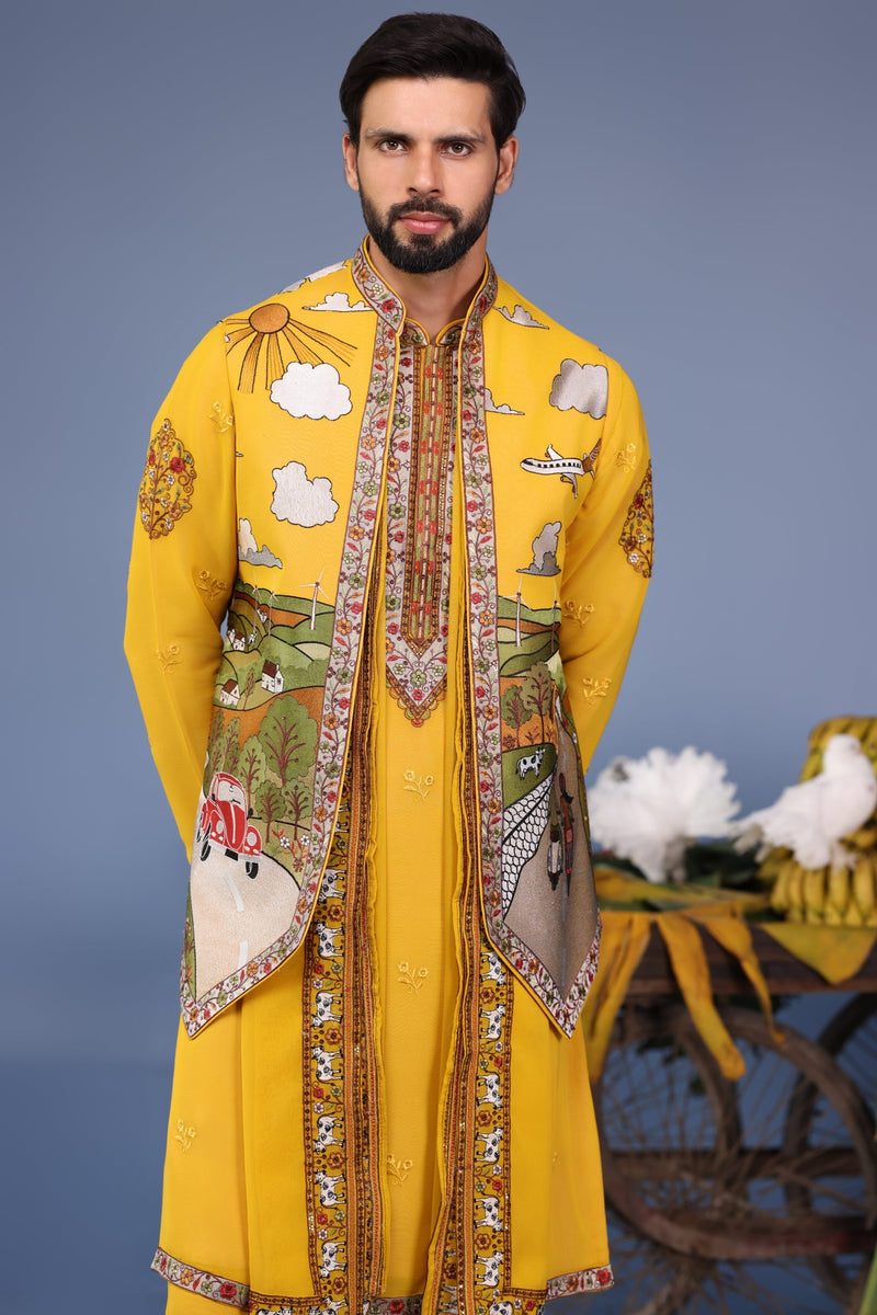 Adarsh Suyal in Musafir Haldi Kurta Jacket Set