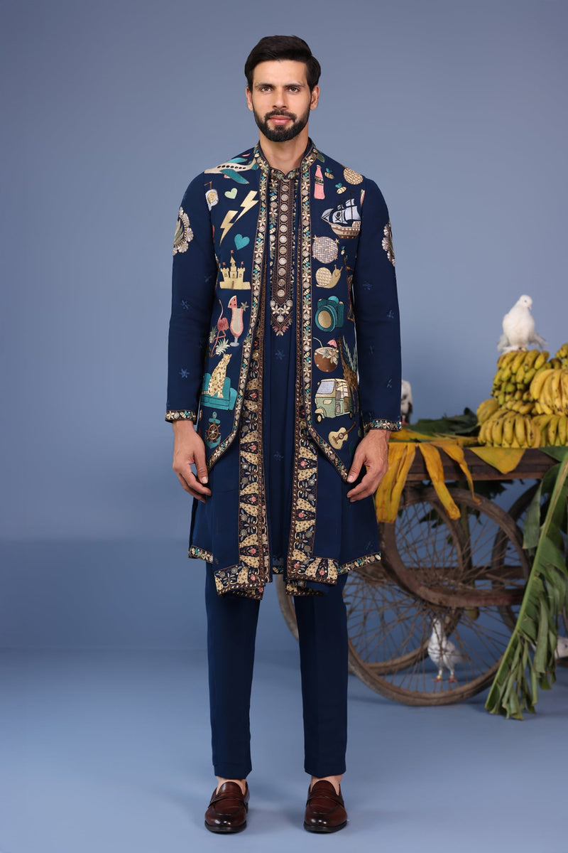 Abhinav Shukla in Maahir Cocktail Navy Blue Kurta Jacket Set