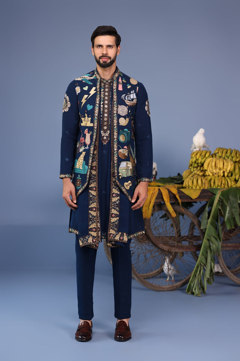 Abhinav Shukla in Maahir Cocktail Navy Blue Kurta Jacket Set