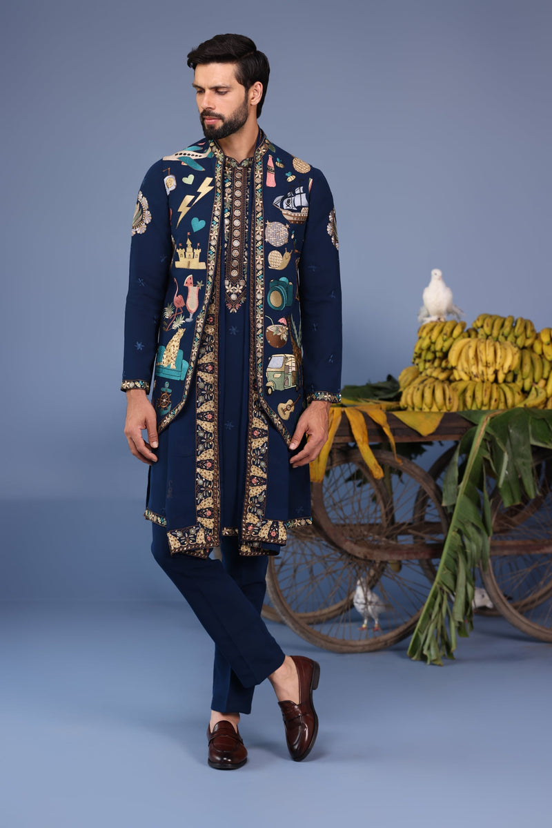 Abhinav Shukla in Maahir Cocktail Navy Blue Kurta Jacket Set