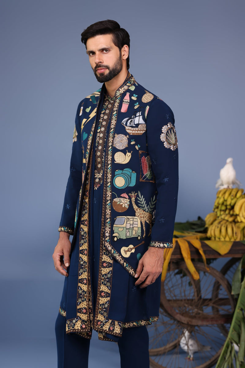 Abhinav Shukla in Maahir Cocktail Navy Blue Kurta Jacket Set