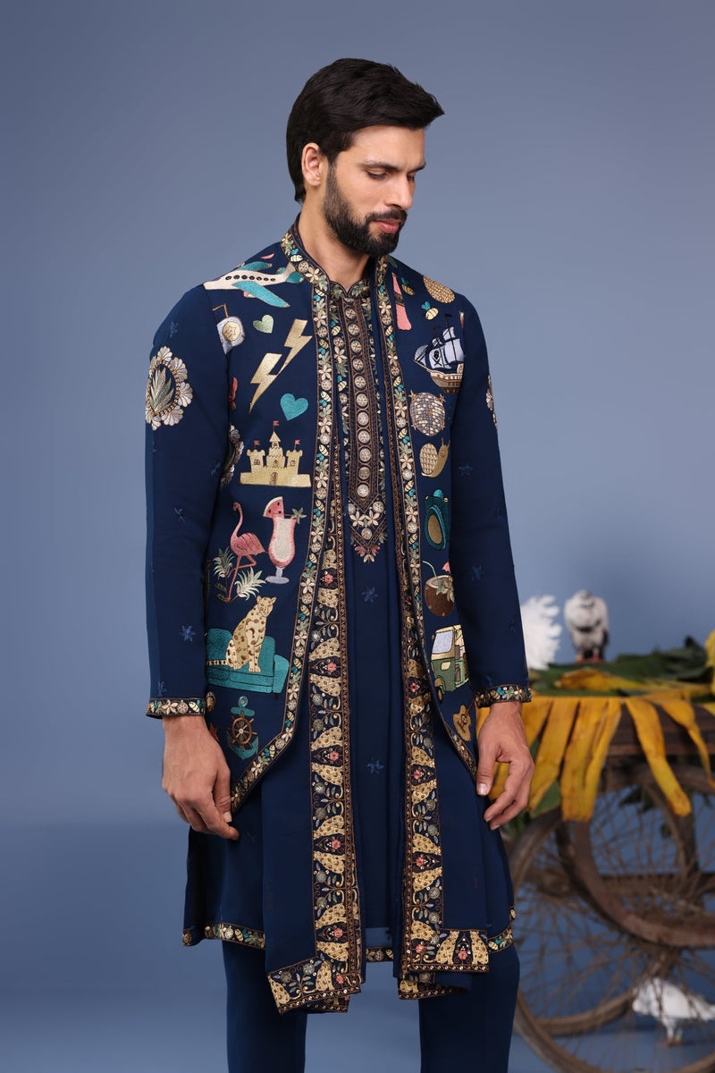Abhinav Shukla in Maahir Cocktail Navy Blue Kurta Jacket Set