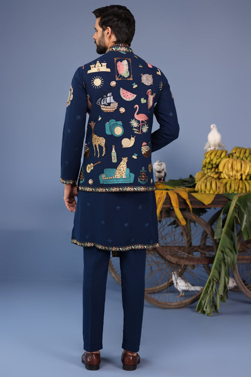 Abhinav Shukla in Maahir Cocktail Navy Blue Kurta Jacket Set