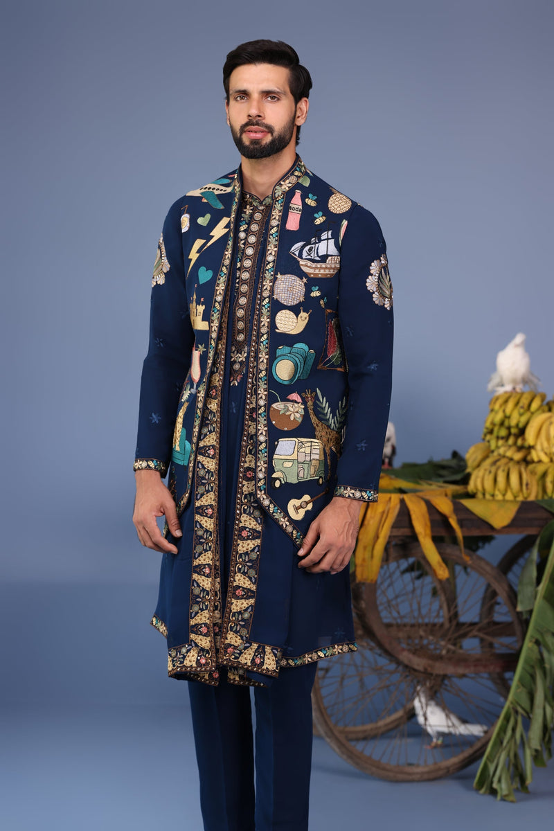 Abhinav Shukla in Maahir Cocktail Navy Blue Kurta Jacket Set