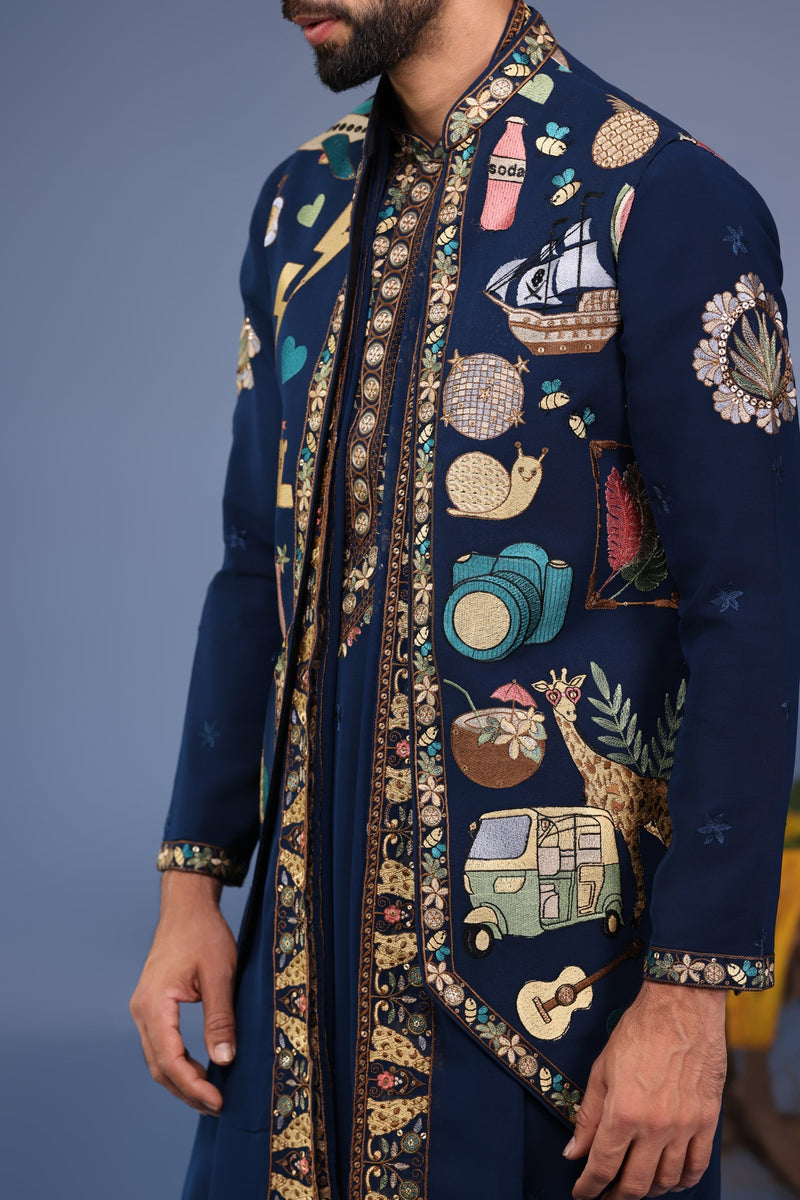 Abhinav Shukla in Maahir Cocktail Navy Blue Kurta Jacket Set