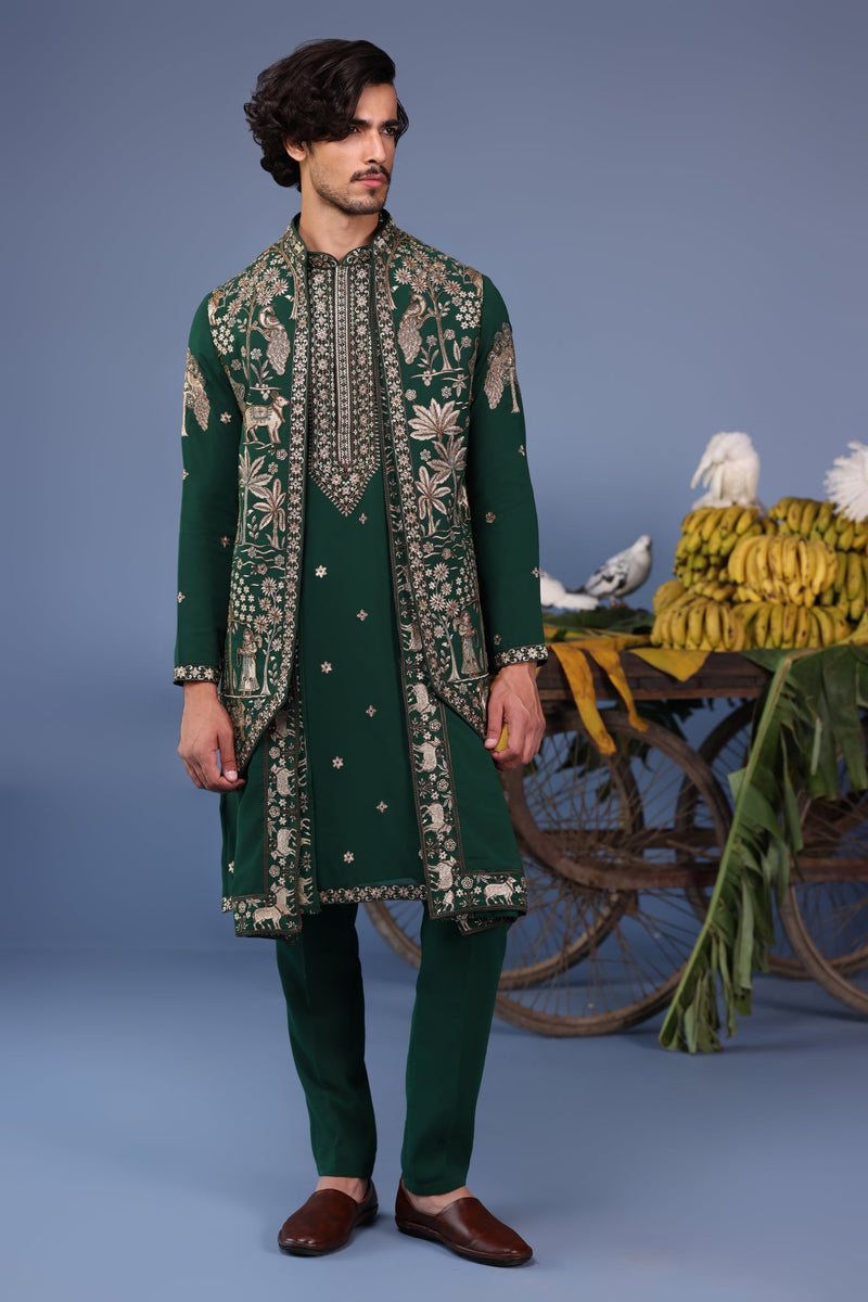 Sagar Parekh in Azan Pichwai Zari Bottle Green Kurta Jacket Set