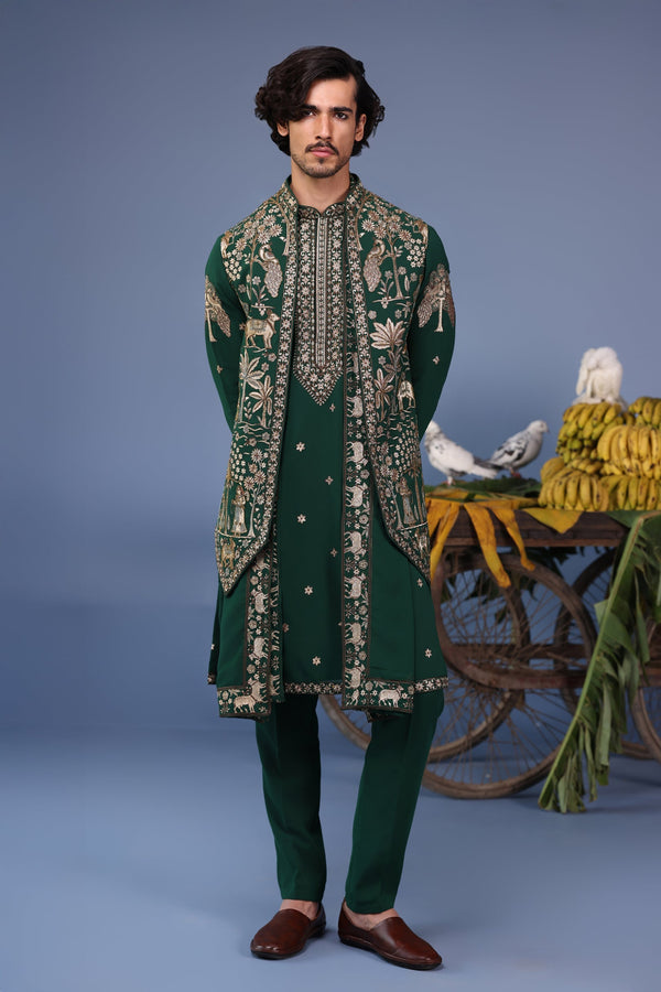 keshav sadhna in Azan Pichwai Zari Bottle Green Kurta Jacket Set