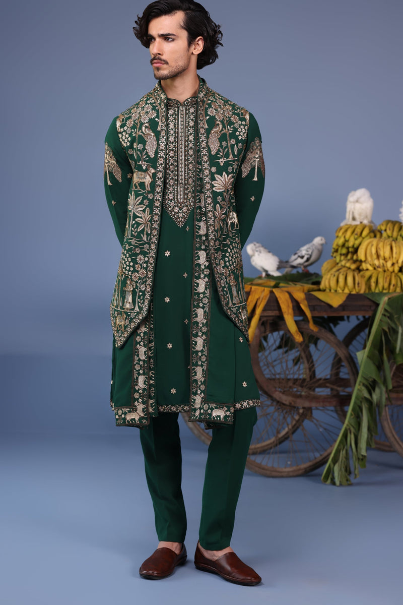 keshav sadhna in Azan Pichwai Zari Bottle Green Kurta Jacket Set