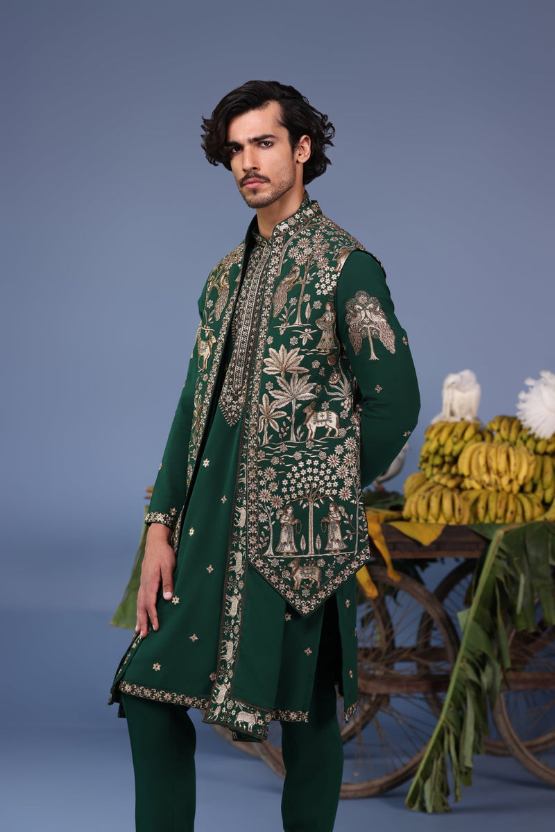 Sagar Parekh in Azan Pichwai Zari Bottle Green Kurta Jacket Set